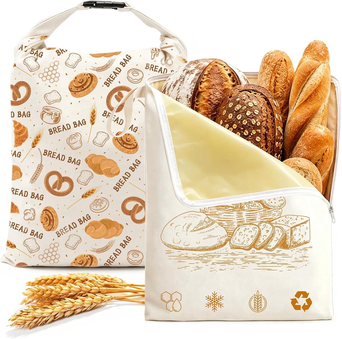 Broodzakken 43 x 33 cm - bijenwas - ritssluiting en draagriemen - voor langdurige opslag van huisgebakken brood - ShopVlot