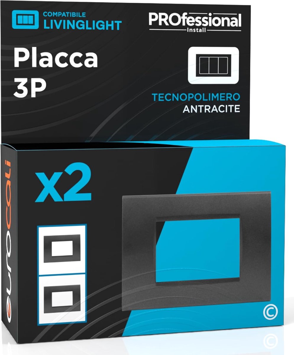 Technopolymer plaat 3 modules - anthraciet - geschikt voor BTicino Living - eenvoudig te installeren - ShopVlot