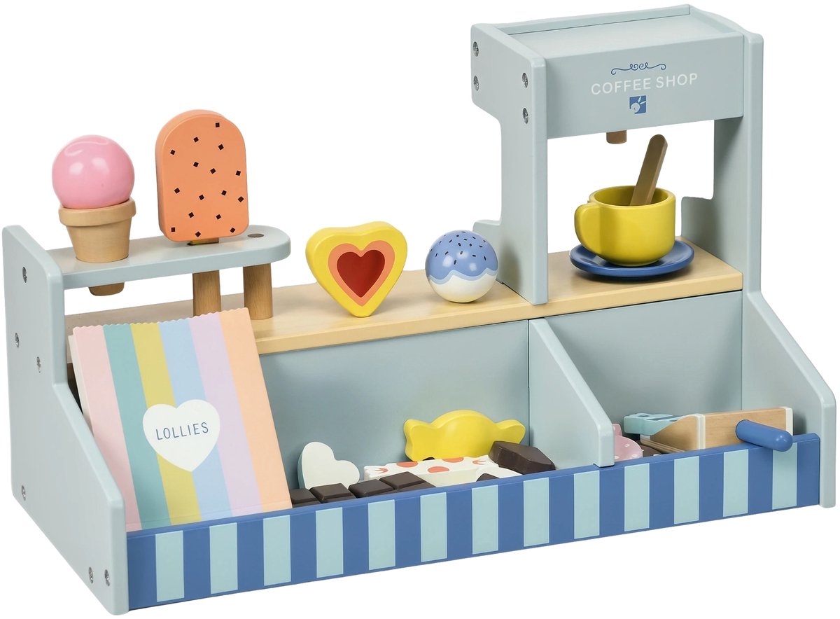 Houten IJswinkel Speelset voor Kinderen – Speelgoed IJskar met Keukenaccessoires – Lichtblauw