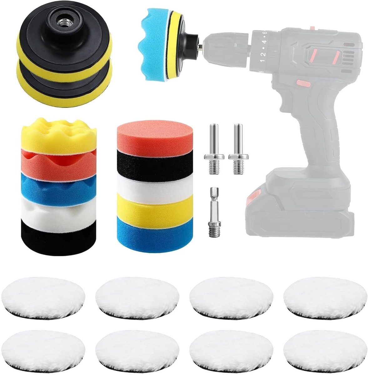 SnelShoppen - 23-delige auto polijstset met 80 mm pads - incl. polijstopzetstuk accuschroevendraaier, boormachine-adapter, klittenbandsysteem - ideale