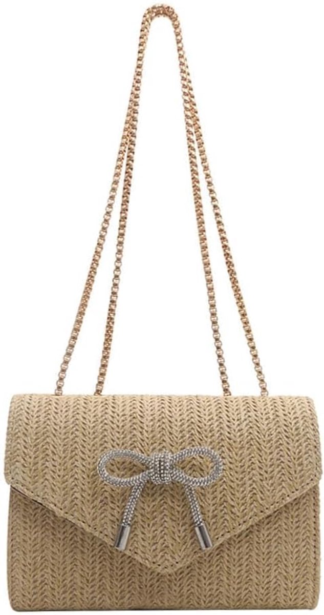 Schoudertas dames - elegante stro tas - met strik en strasssteentjes - perfect voor zomeravonden - ShopVlot