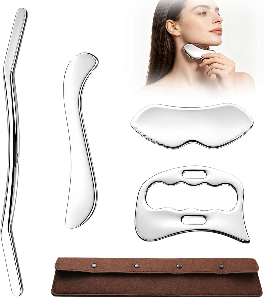Gua Sha set 4 stuks - roestvrij staal - duurzaam en hygiënisch - gezichtsmassage voor anti-aging - ShopVlot