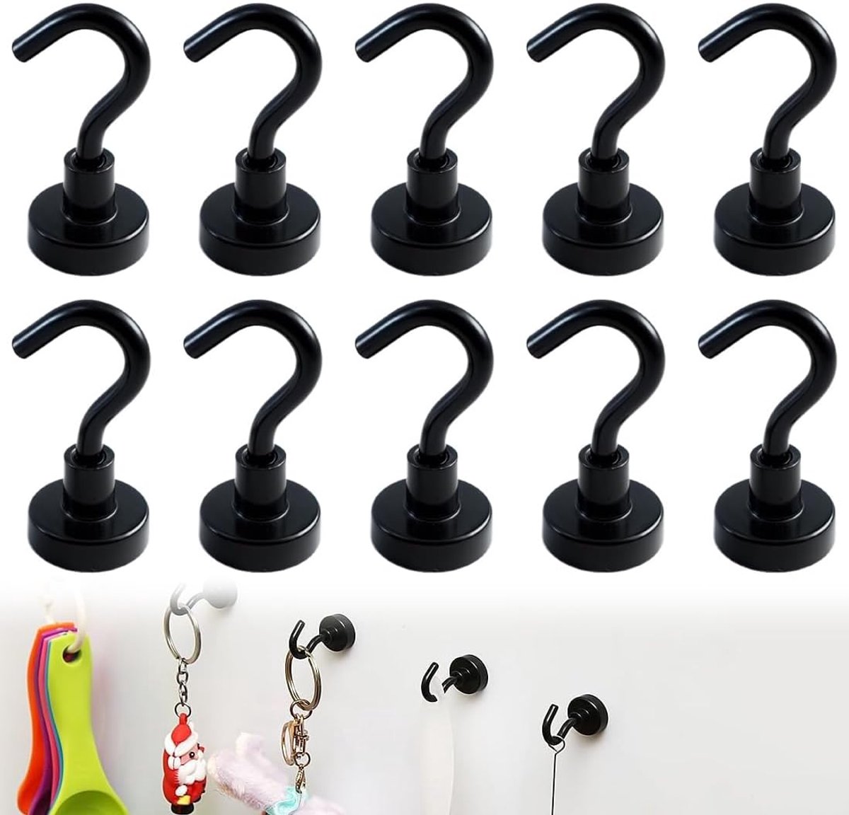 Magneethaken 10 stuks - zwart - extra sterke neodymium - 10 kg draagkracht, ideaal voor ophangen - ShopVlot