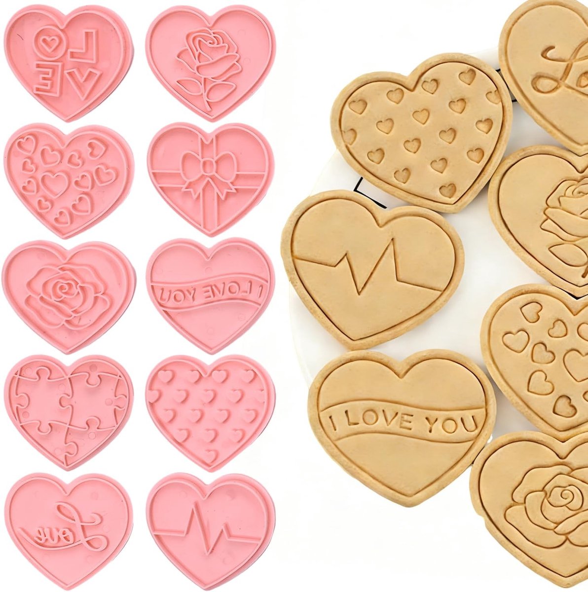 Hartvormige Cakevormen Set van 10 - 3D Plastic PP Mallen - 10 Patroonvariaties - Ideaal voor Valentijnsdag Bakprojecten - ShopVlot