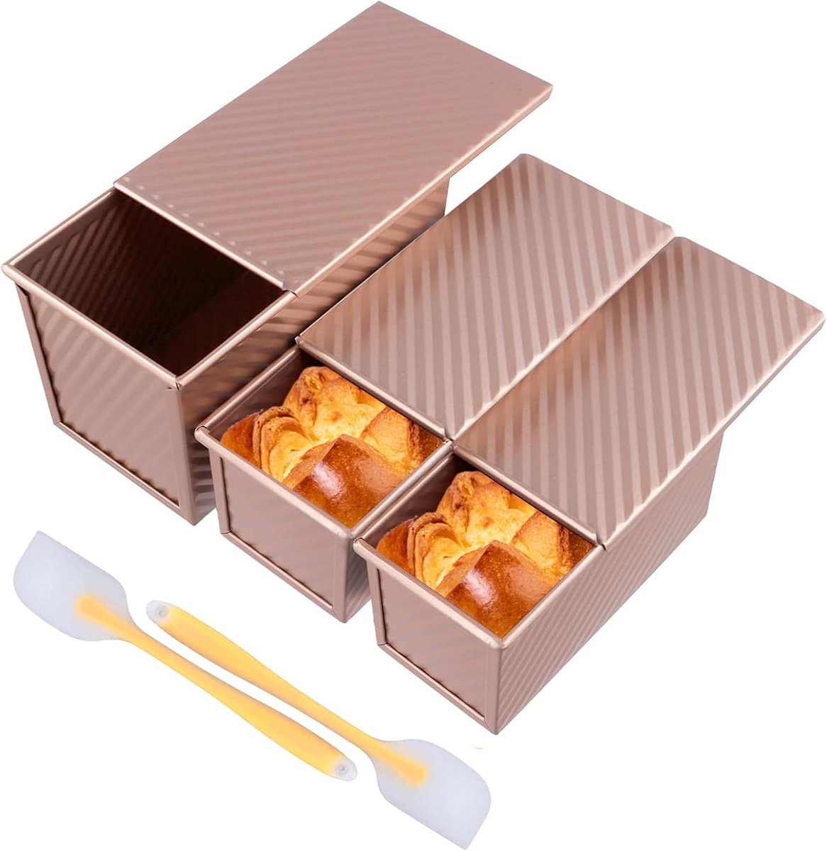 3 pieces bread baking pan in 2 sizes with lid, 20.5 x 12 cm and 18.8 x 9.5 cm, rose gold, cake pan, cake with dough - ShopVlot