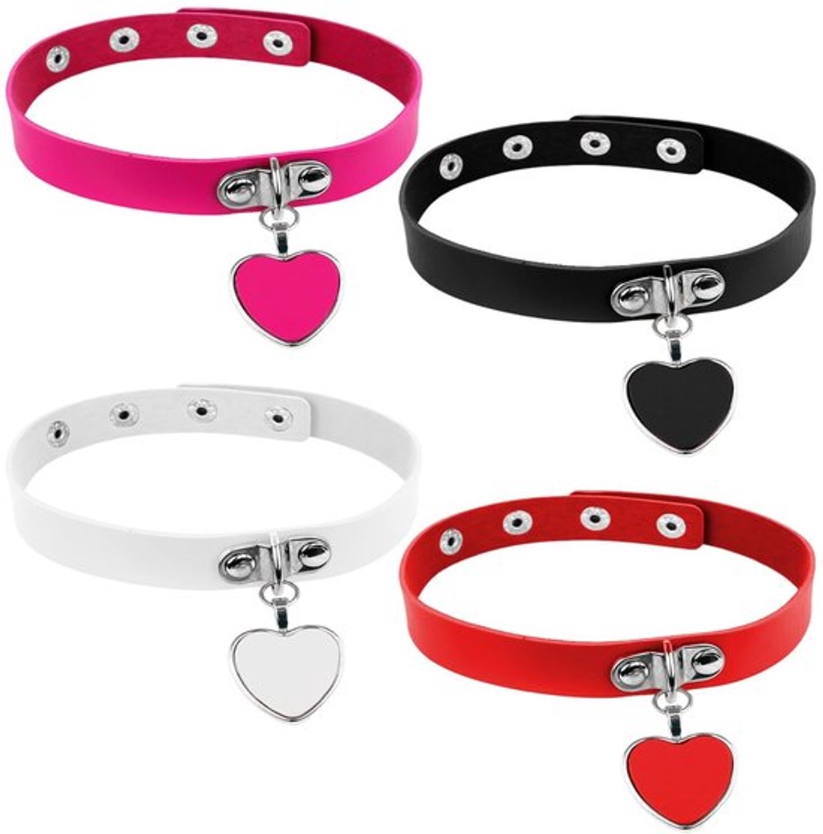 Halsketting met hartvormige hanger - Verstelbare leren halsketting - Punk/gothic accessoires - Veelkleurig - 4 stuks - Duurzaam materiaal - Ketting
