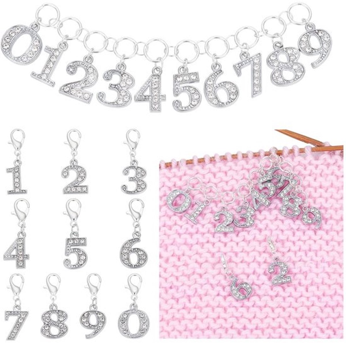 Brei Rij Teller - 11 Stuks - Legering met Strass - Locking Stitch Markers - Kreeft Klauw Sluitingen - Naaien Accessoires - Platina Strass - Breimarker