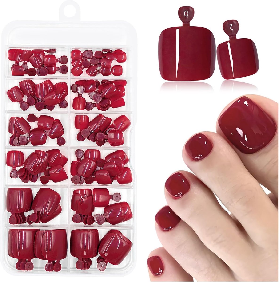 Plak teennagels 120 stuks - wijnrode kunstmatige teennagels - complete pedicureset - ideaal voor beginners - ShopVlot