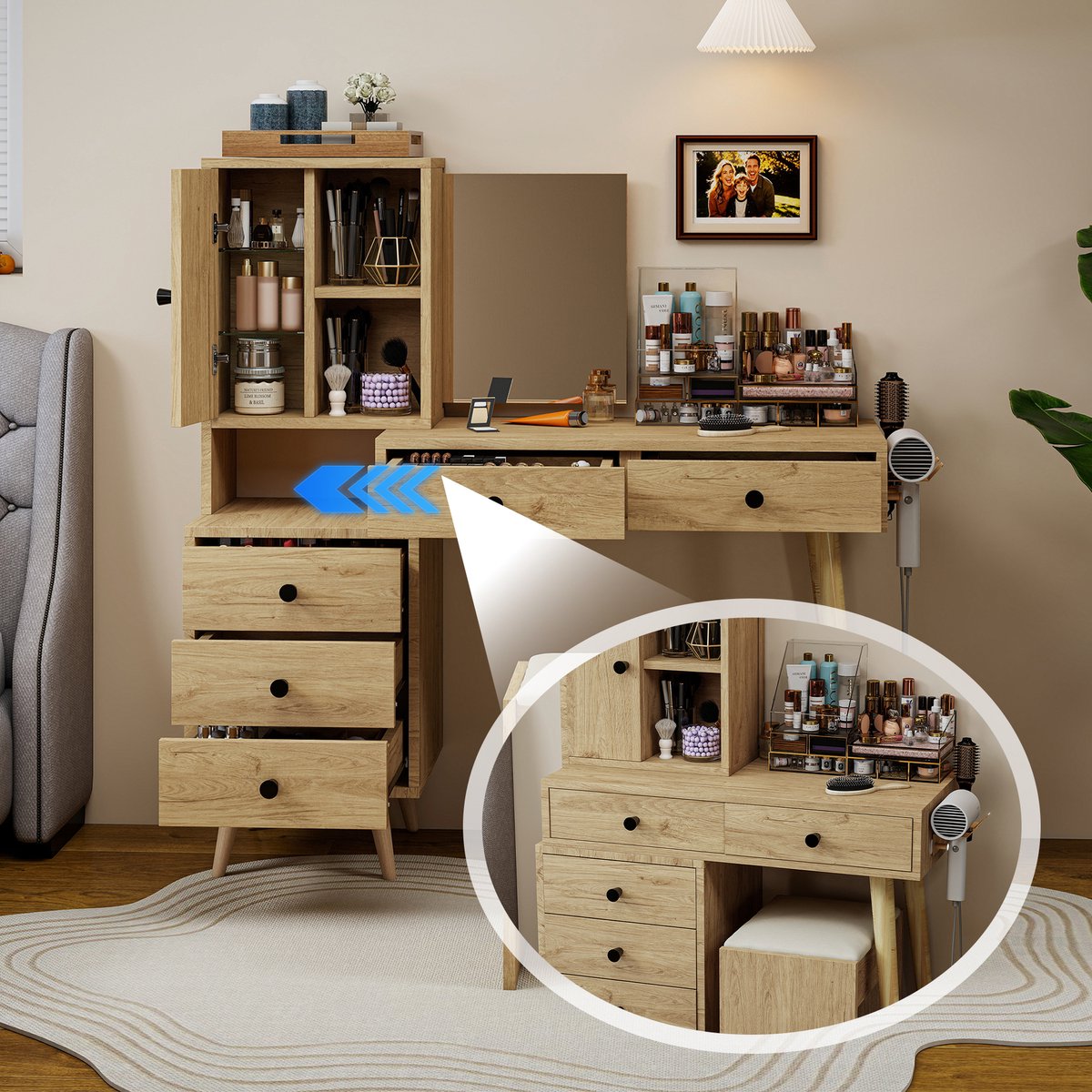 Make-up Tafel Met Spiegel En Opbergruimte - Inclusief Krukje Met 5 Laden En Kastje - Natuur + Beige