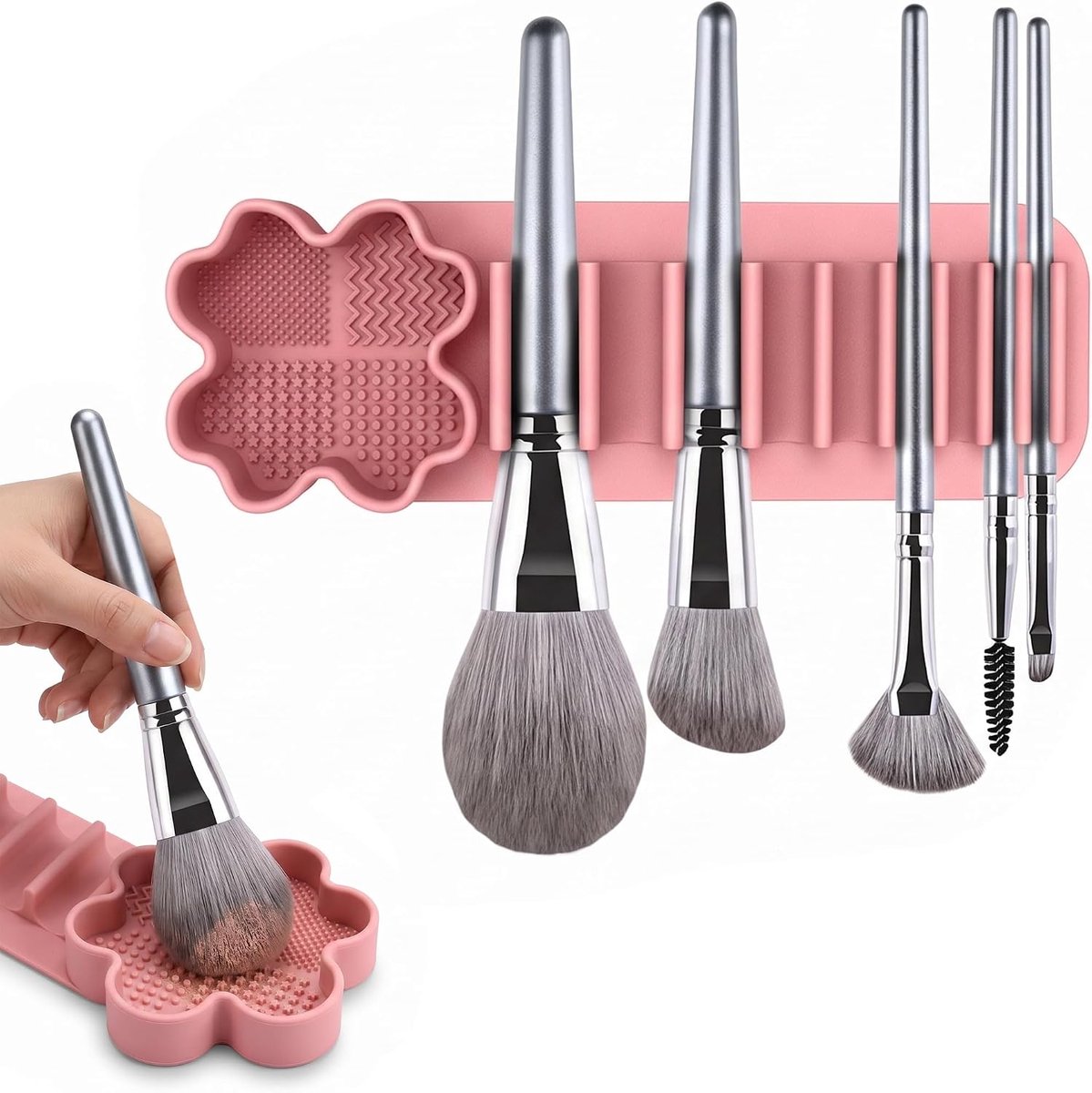 Siliconen make-upkwastenreiniger 22 x 7 x 2 cm - roze - reinigingsmat en houder - ShopVlot