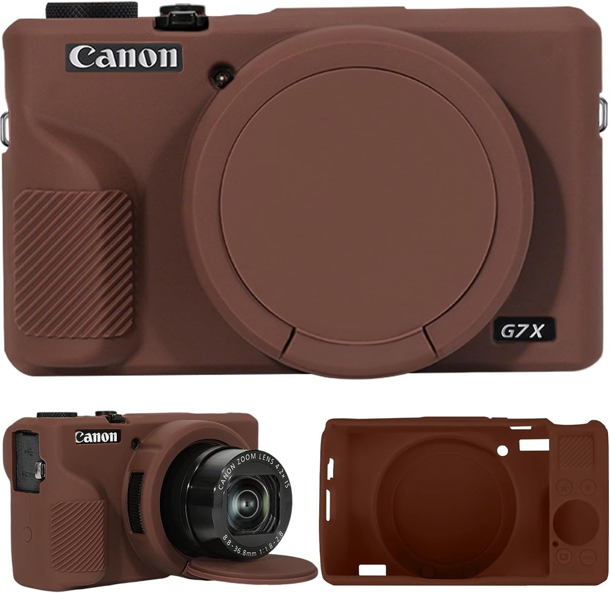 siliconenhoes voor Canon Powershot G7 X Mark III - bruin - afneembare lenskap - betere grip - ShopVlot