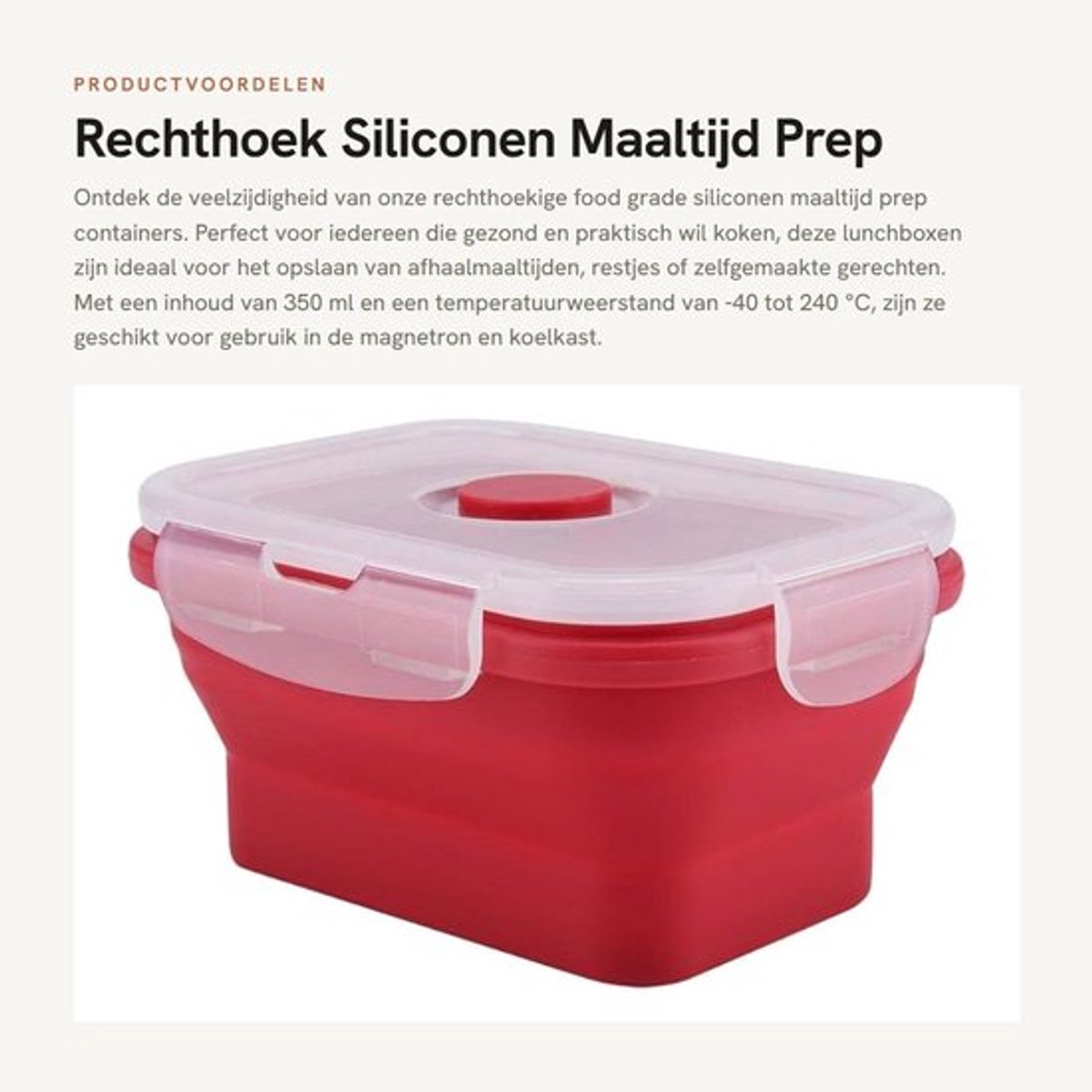 Siliconen Maaltijdcontainers 350 ml - Lunchbox - Voedsel Opslag - Thermo-resistent - Draagbaar - Afmetingen 13,5 x 10 x 6,6 cm