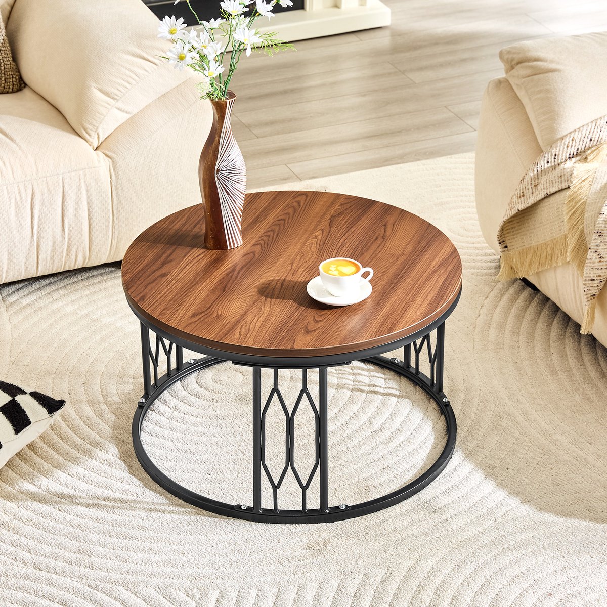 Ronde Salontafel 70 cm - Houtlook Tafel Met Geometrisch Metalen Onderstel - Walnoot
