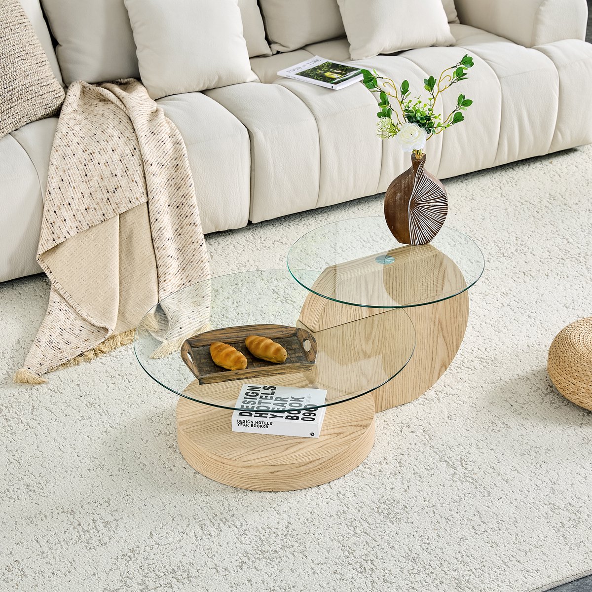 Tweeassige Salontafel 90x70x44 cm - Design Salontafel Met Veiligheidsglas En MDF Houtnerf Hout