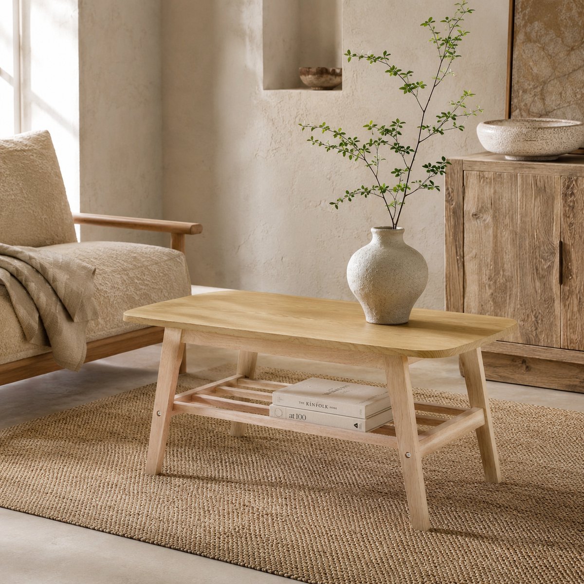Salontafel 100 cm - Houten Tafel Met 2 Opbergplanken En Massief Houten Onderstel Wood