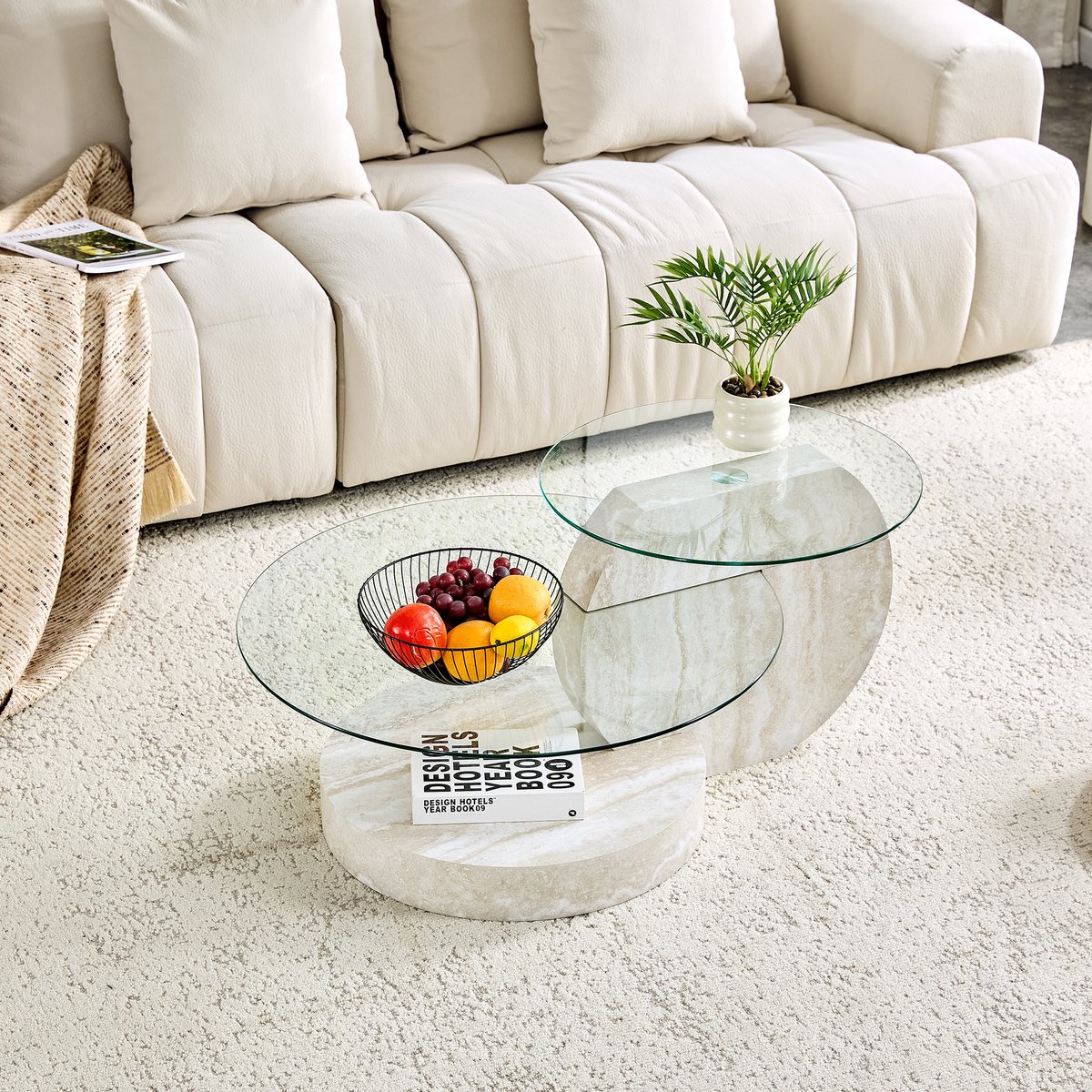 Salontafel 90x70x44 cm - Twee Laags Design Met Glas En MDF Walnootlook Light Gray