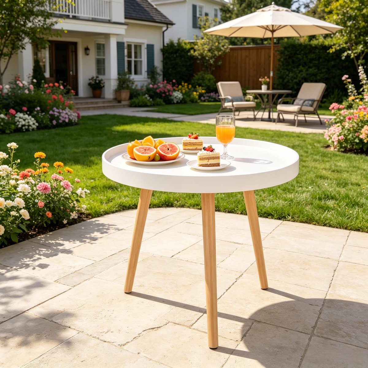 Ronde Salontafel 50 cm Met Opstaande Rand - Houten Bijzettafel Met Opbergruimte - MDF Eiken Wit