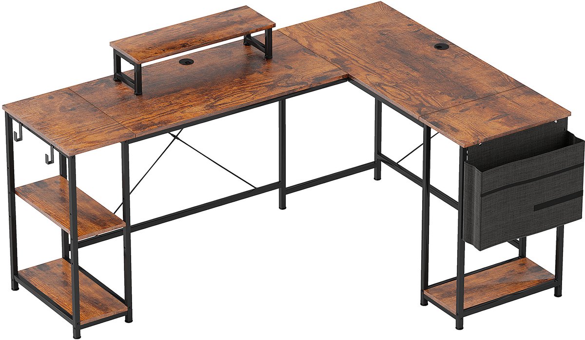 L-vormig Bureau 168x120 cm - Hoekbureau Met Opbergvakken En Monitorstandaard - Hout Bruin