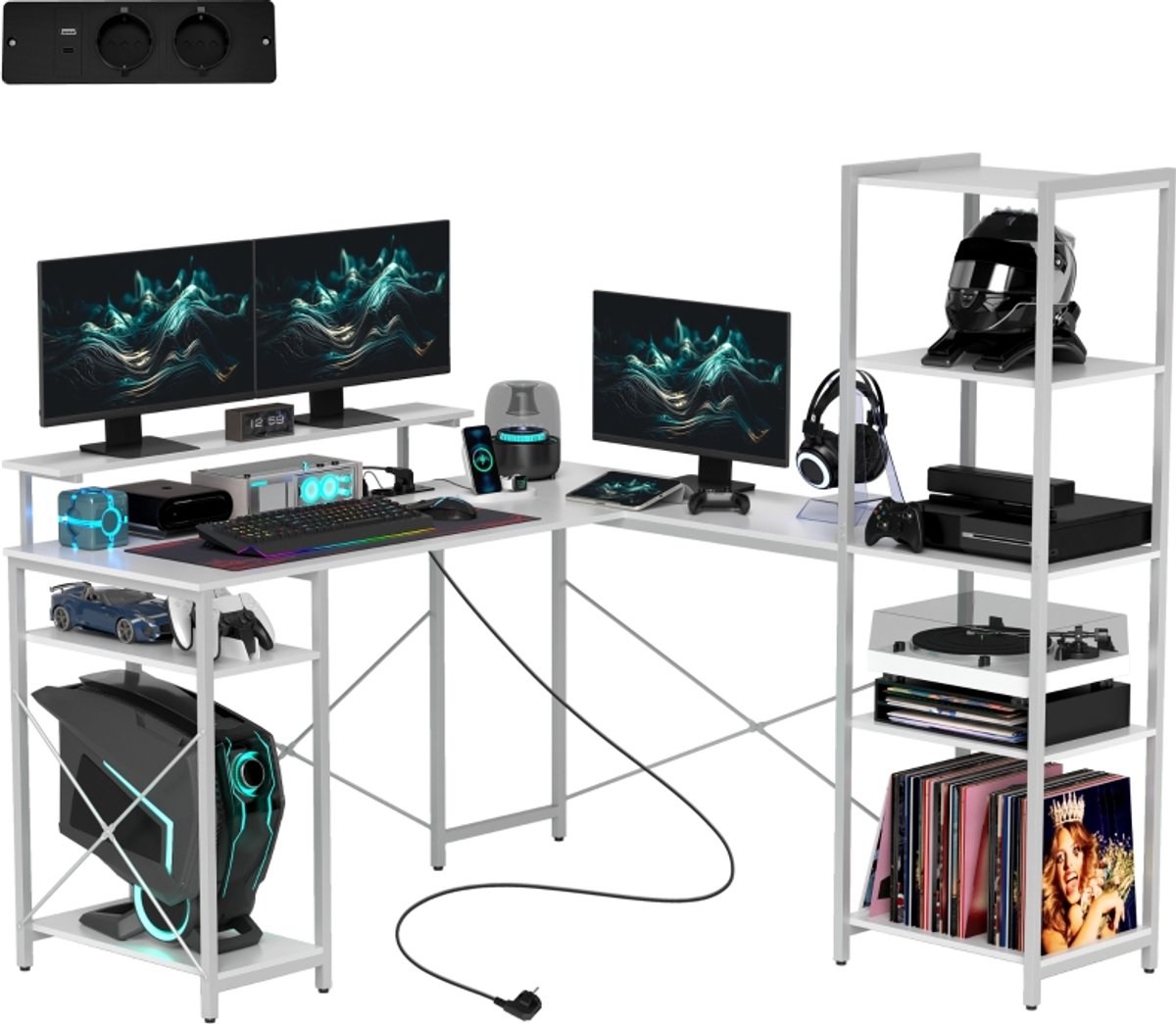 L-Vorm Bureau 137x140 cm - Hoekbureau Met Monitorstandaard, Stopcontact En USB Oplaadpoort Wit
