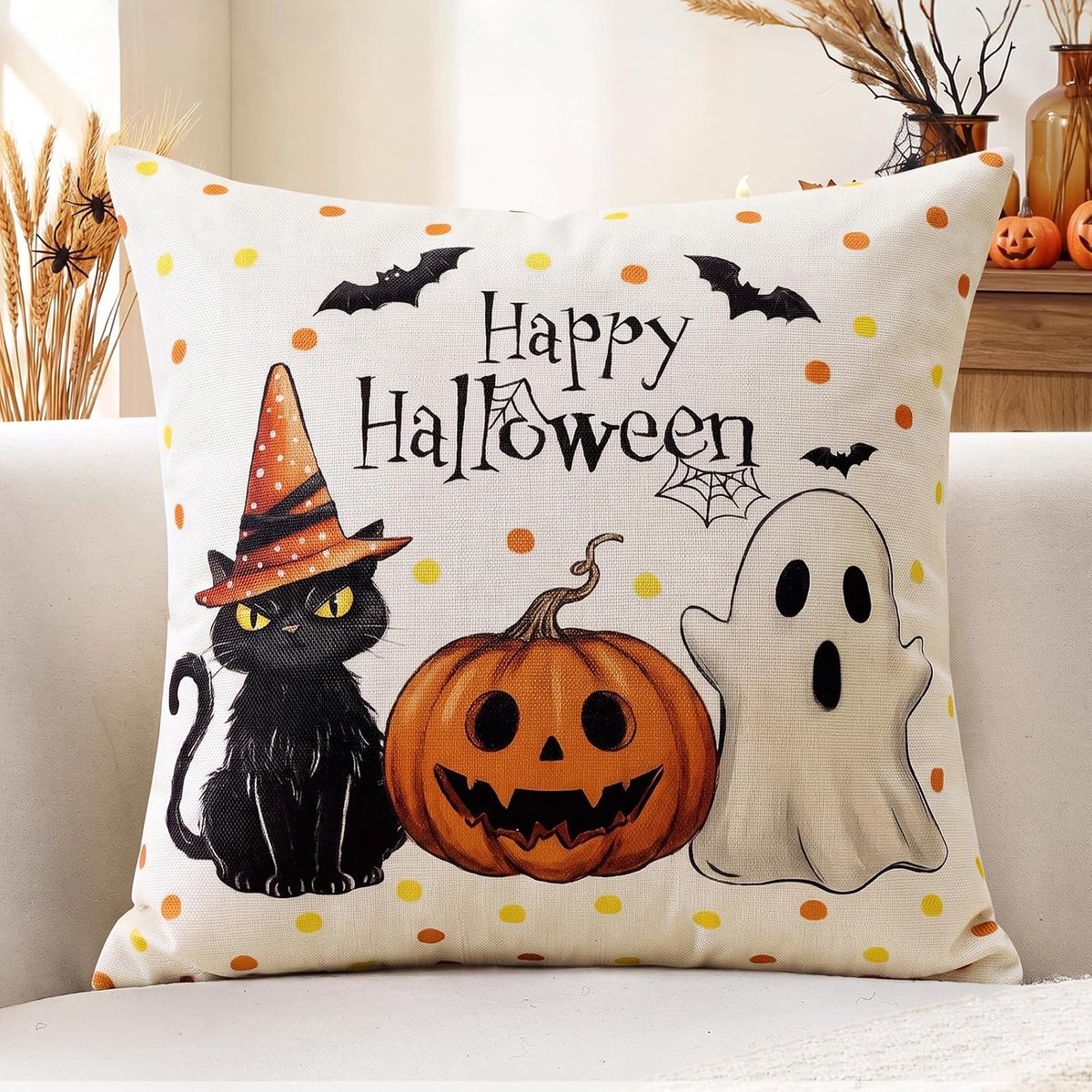 Kussenhoes 50x50cm - zwarte kat pompoen geest - herfstsfeer - perfect voor Halloween decoratie - ShopVlot