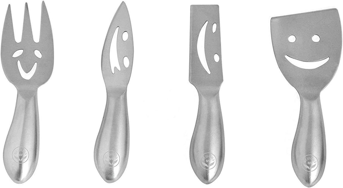 NewlineNY Stainless Steel 4pcs Smiling Faces Cheese Knives: Hard and Soft Cheese Knives, Serving Fork and Cheese - ShopVlot