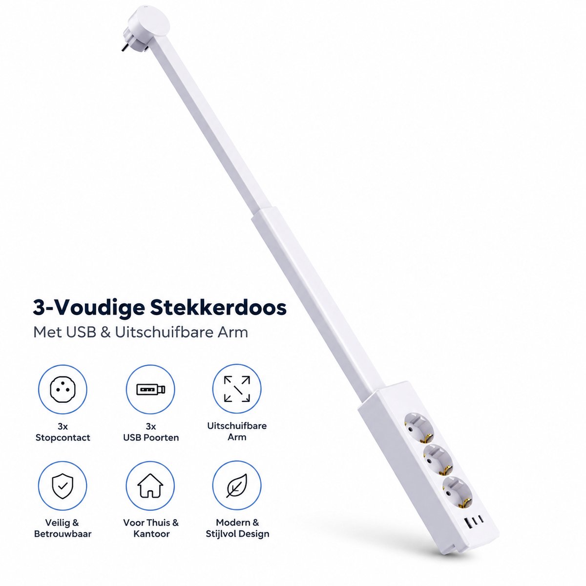 KARZO Stekkerdoos met USB-C – 3 Stopcontacten – 2x USB-C & 1x USB-A – Uitschuifbaar van 65 tot 90 cm – 180° Draaibaar – Wit