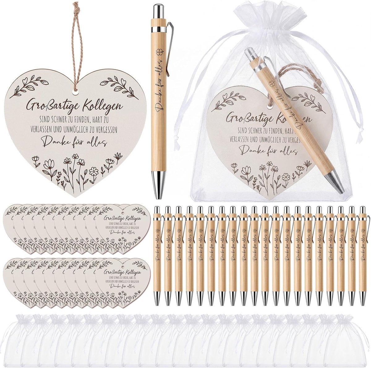 Tenare 20 Bedankcadeau Set Houten Harthanger Met Gravure Balpen Witte Organzazakjes Afscheidscadeau Bedankcadeau Voor - ShopVlot