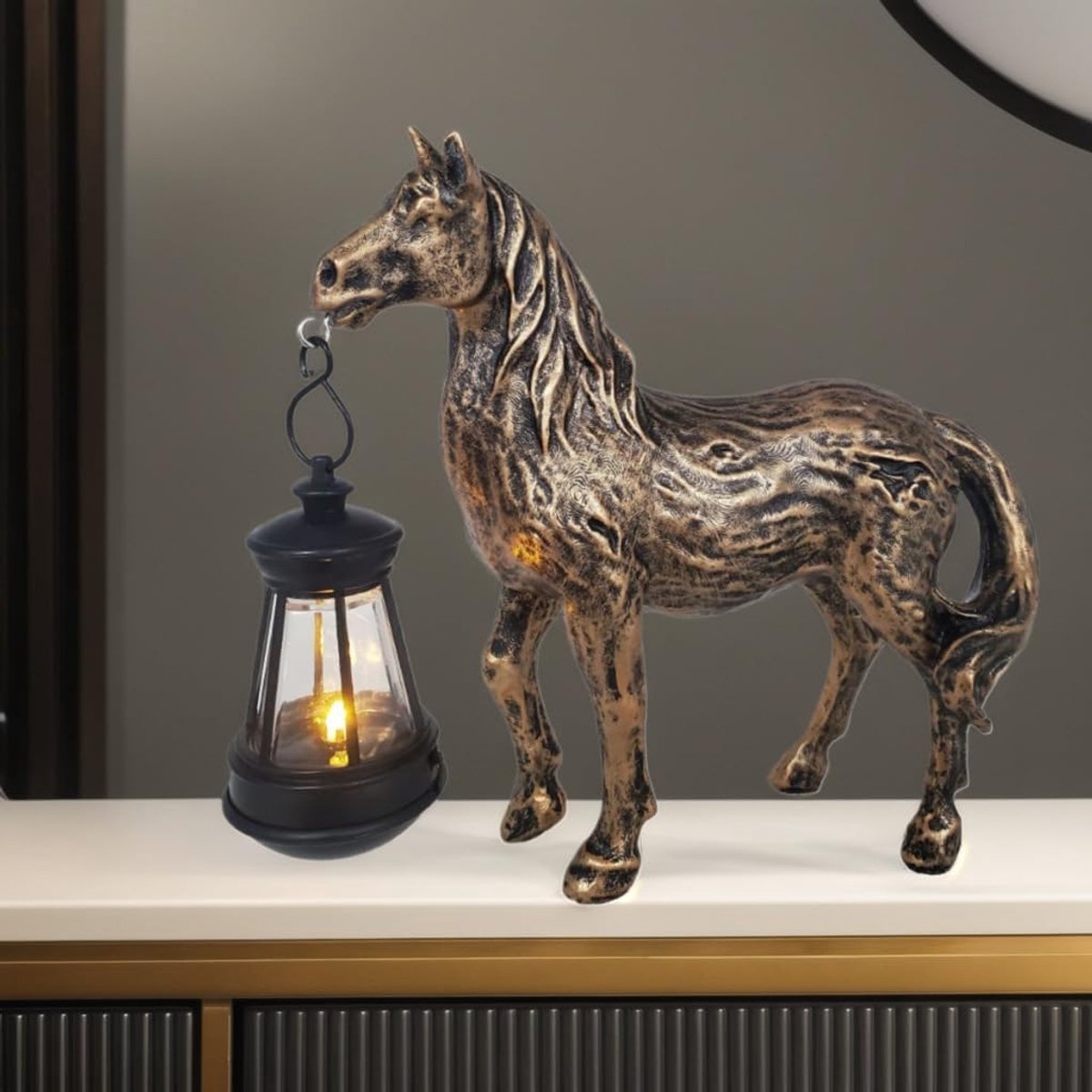 Solar powered antique bronze horse lantern, garden decoration resin cute retro horse animal light, wireless dusk to - ShopVlot