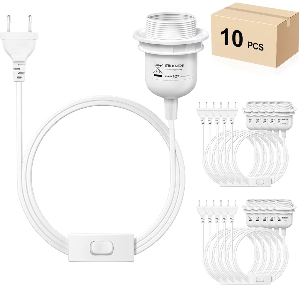 10 x E27 Lamp Holder with Switch with Plug, E27 Socket, Black, with 3.5 m Cable Screw Ring, Kitchen, Living Room and - ShopVlot