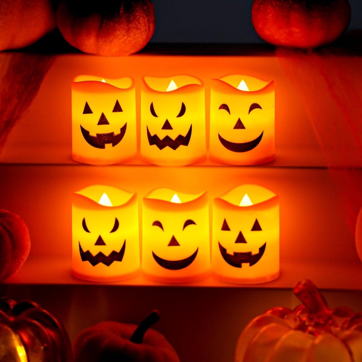 Pack of 6 Halloween LED Candles, Flameless Pumpkin Candles with 3 Different Faces, Battery Operated, Table Decoration - ShopVlot