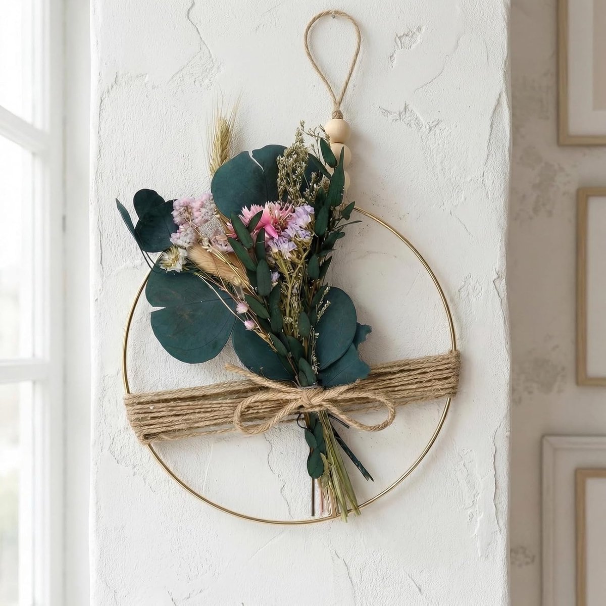 Krans voor droogbloemen van metaal, 20 cm, bloemenkrans, dromenvanger, metalen ring voor slinger met jute touw - ShopVlot