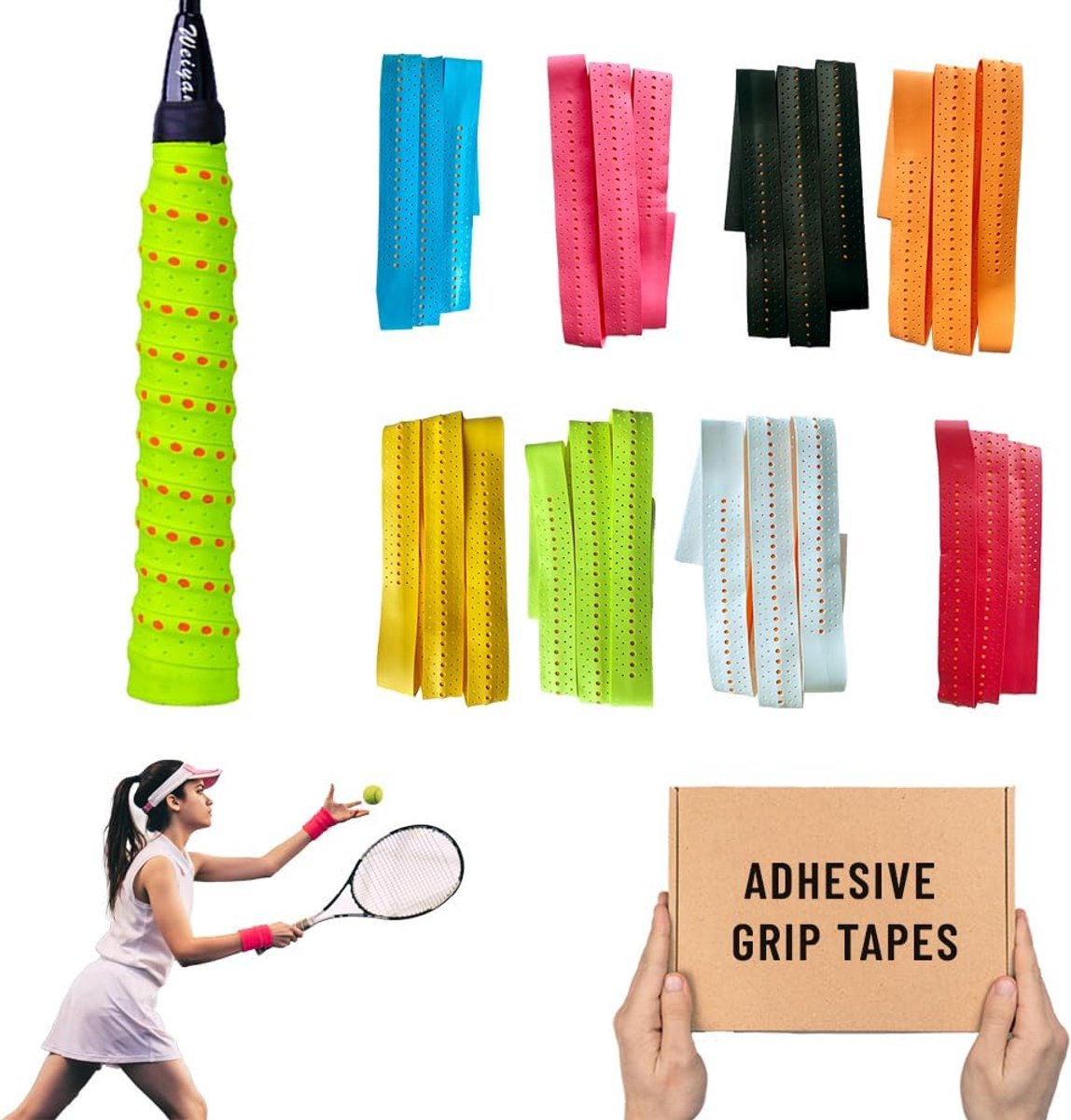 Pack of 8 Badminton Rackets, Colourful, Non-Slip, Grip Band, Tennis Rackets, 110 cm, Self-Adhesive, Replacement of PU - ShopVlot