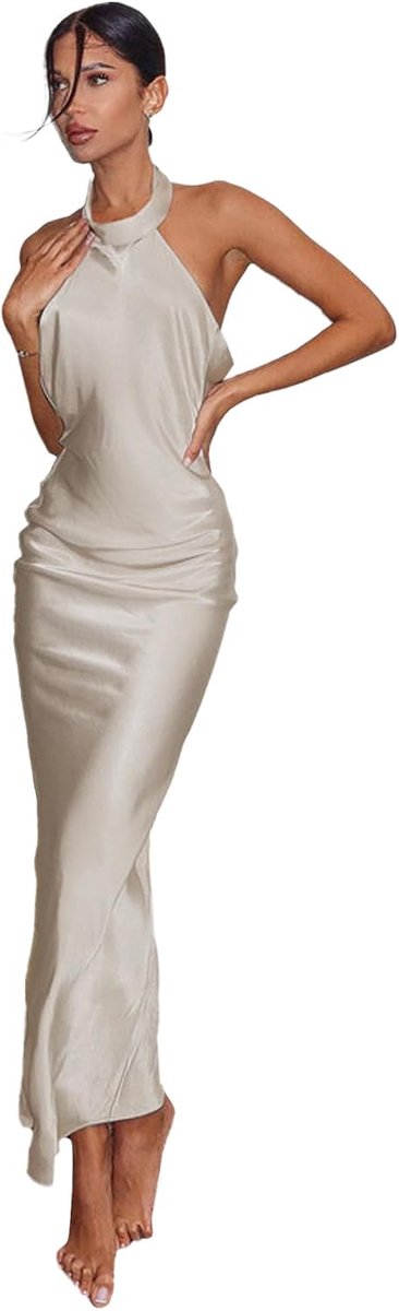 Women's Evening Dresses Elegant Sleeveless Satin Long Ball Dress Sexy Halter Dress Wedding Bridesmaid Dress Backless - ShopVlot