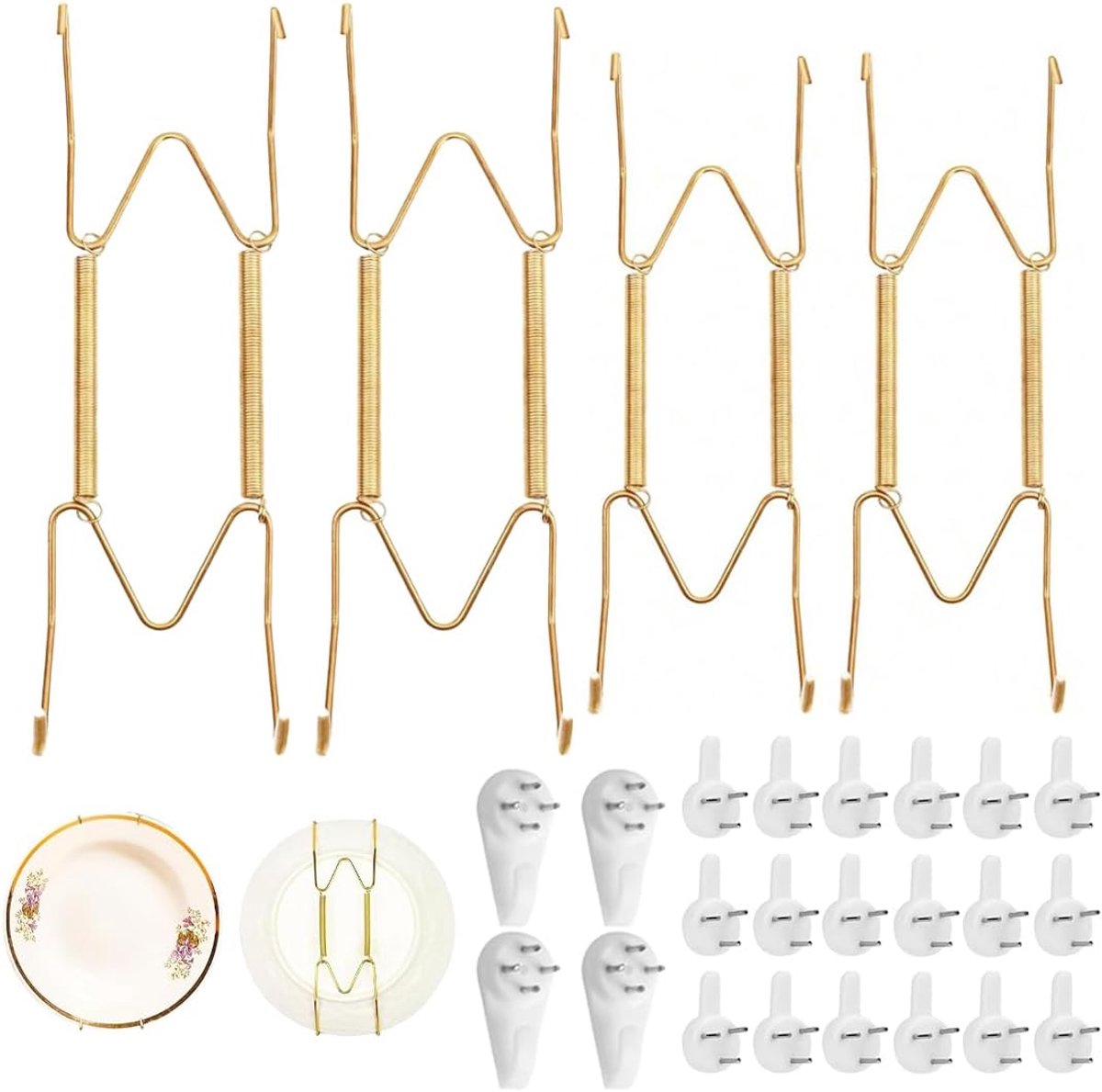 4-piece plate hooks, set of 4 with fixing pins and 16 transparent protective caps, wall mounted plate holder for Art - ShopVlot
