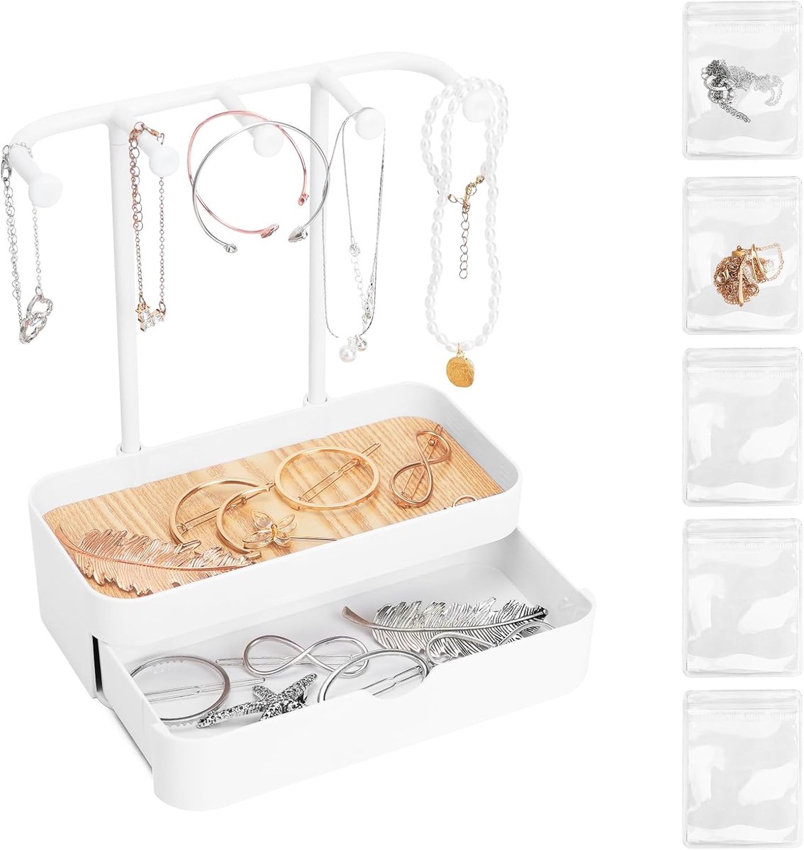 Sieradenstandaard met 5 Sieradenzakken - Dubbel Laags - Earring Holder - Perfecte Opbergruimte voor Sieraden - ShopVlot