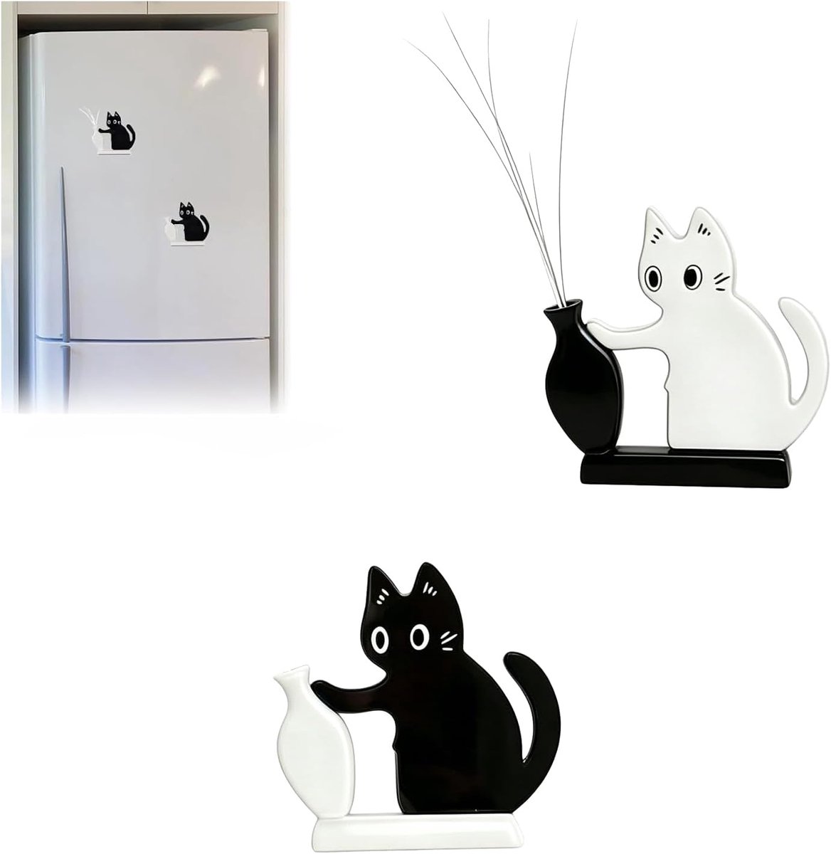 Koelkastmagneten kattenvorm - 2 stuks zwart en wit - sterke magnetische sluiting - decoratief voor gedroogde bloemen - ShopVlot