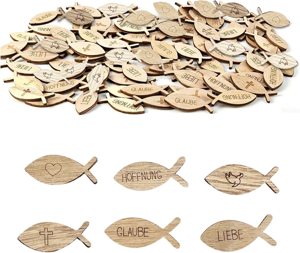 Visconfetti 100 stuks - Houten decoratie - Kruisen, harten en motieven - Perfect voor doop en communie - ShopVlot