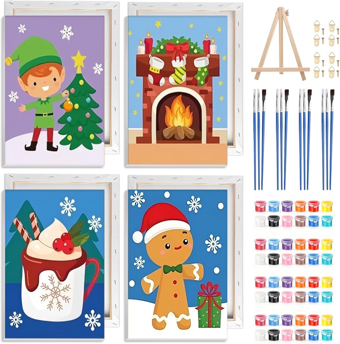 Verf op nummer set - Kerstthema 4-pack - Inclusief lijst - Creatieve DIY hobby voor volwassenen - ShopVlot