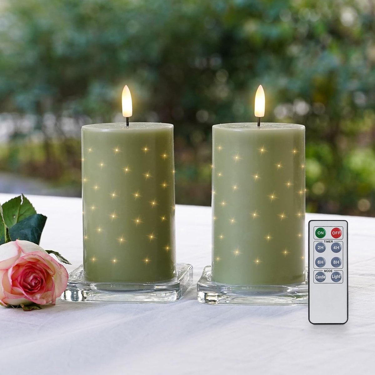 LED kaarsen 2 stuks - saliegroen - echte was met glasvezelverlichting - sfeervolle decoratie voor lente en zomer - ShopVlot