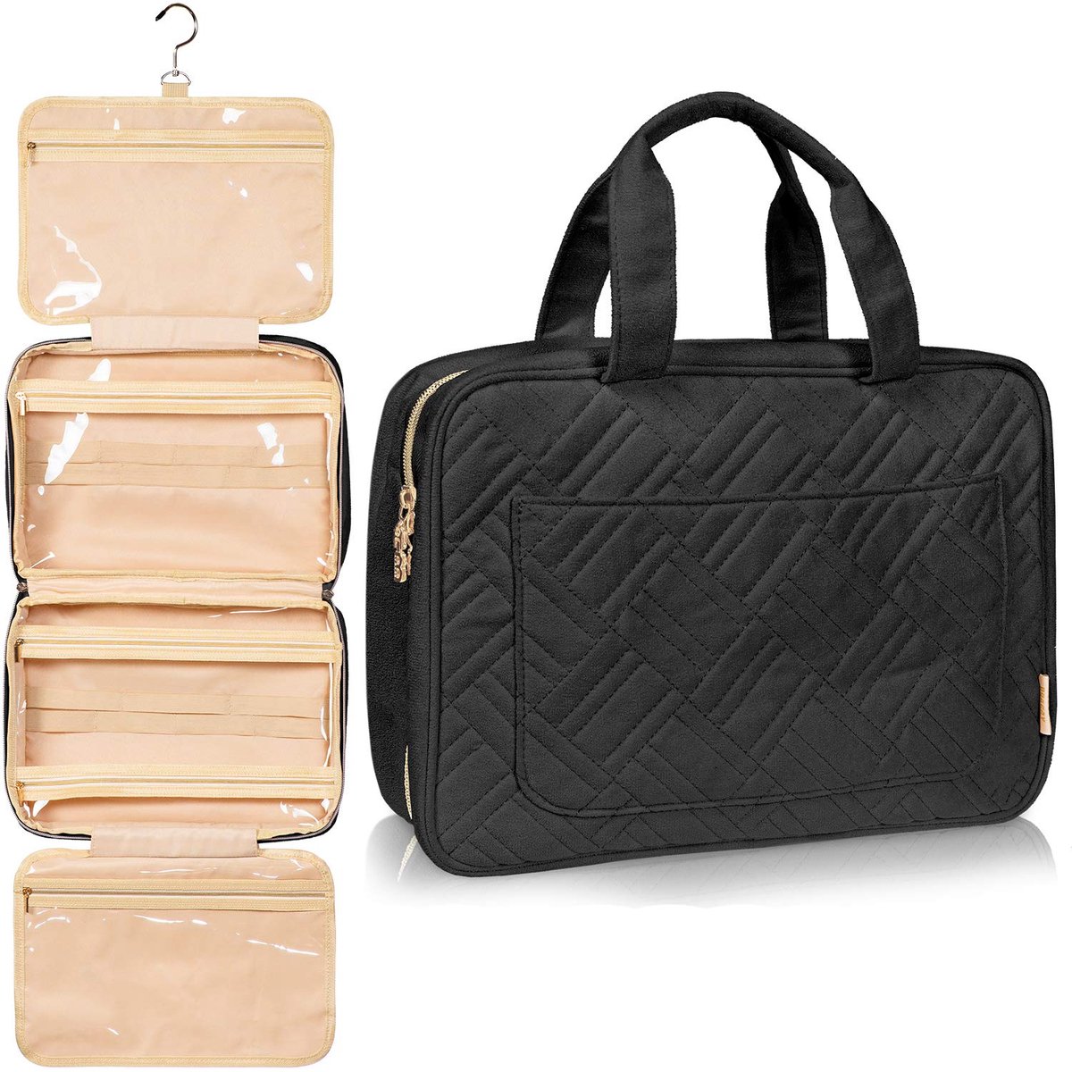 Grote Hangende Toilettas voor Reizen - Make-up Tas en Douche Organizer voor Dames en Meisjes - Reis Opbergtas voor Cosmetica, Badkamerartikelen en Accessoires - Praktische Toilettas met Ophanghaak voor Vakantie, Zakenreizen en Dagelijks Gebruik