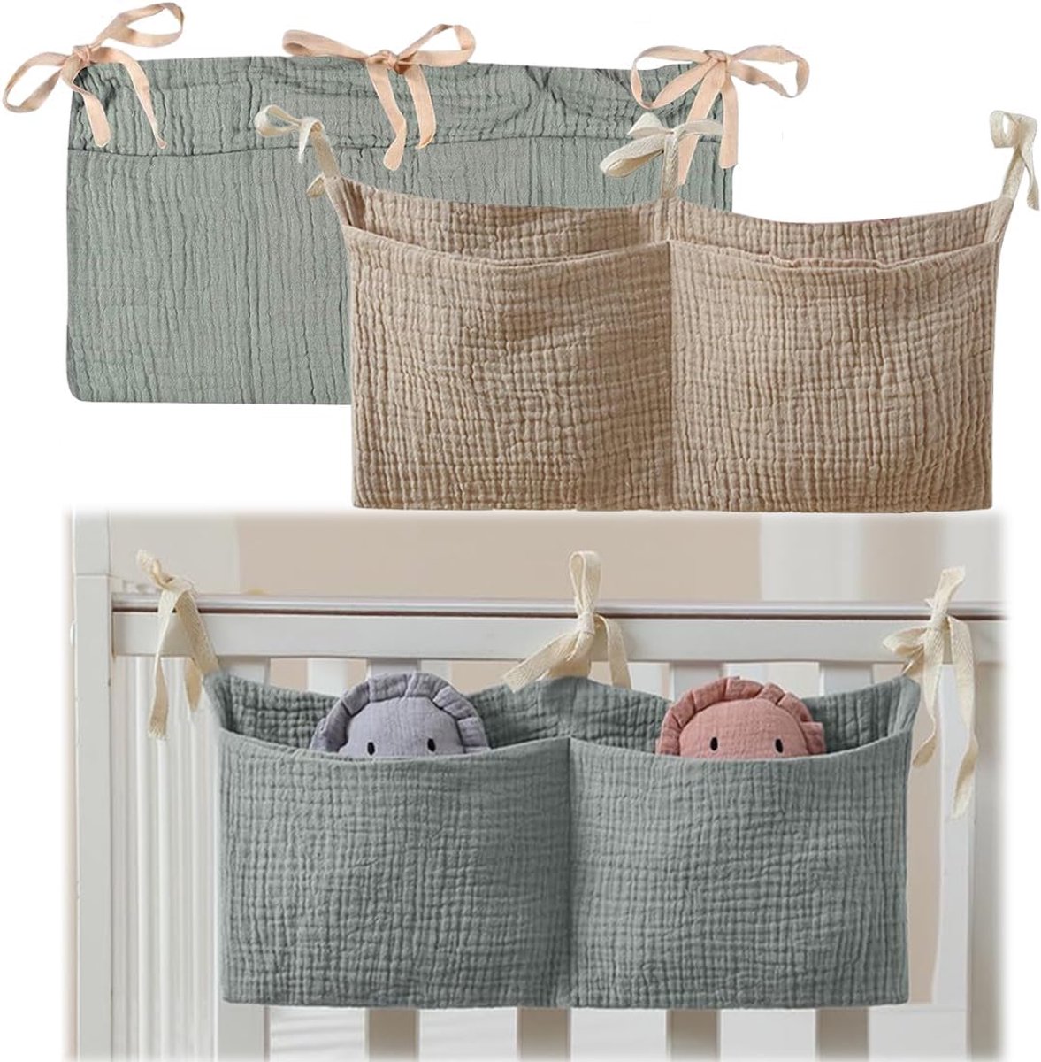 Baby bed organiser 2 stuks - verstelbaar - zachte katoen - multifunctioneel voor speelgoed en luiers - ShopVlot