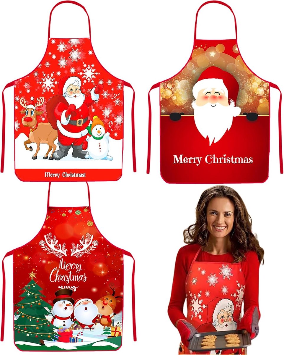 3 Pcs Christmas Kitchen Apron, Christmas Apron Funny, Christmas Aprons for Kitchen, Christmas Aprons Cartoon, Santa - ShopVlot