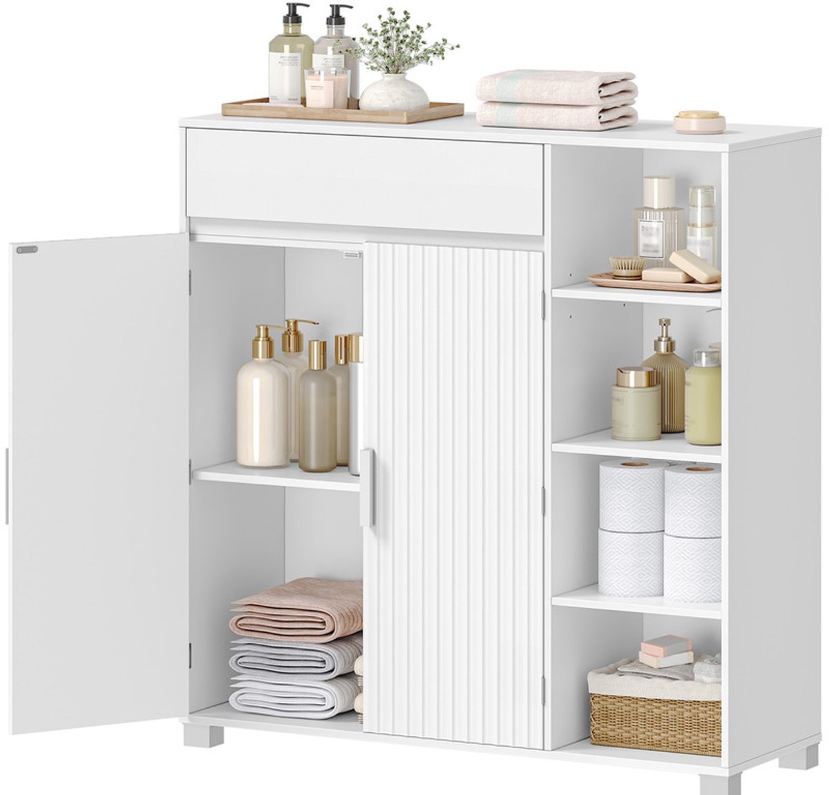 Hzuaneri Badkamerkast, opbergkast 30 x 100 x 103 cm wit,Keukenkast met 2 deuren, 1 lade, open vak en verstelbare plank, geschikt voor badkamer, woonkamer