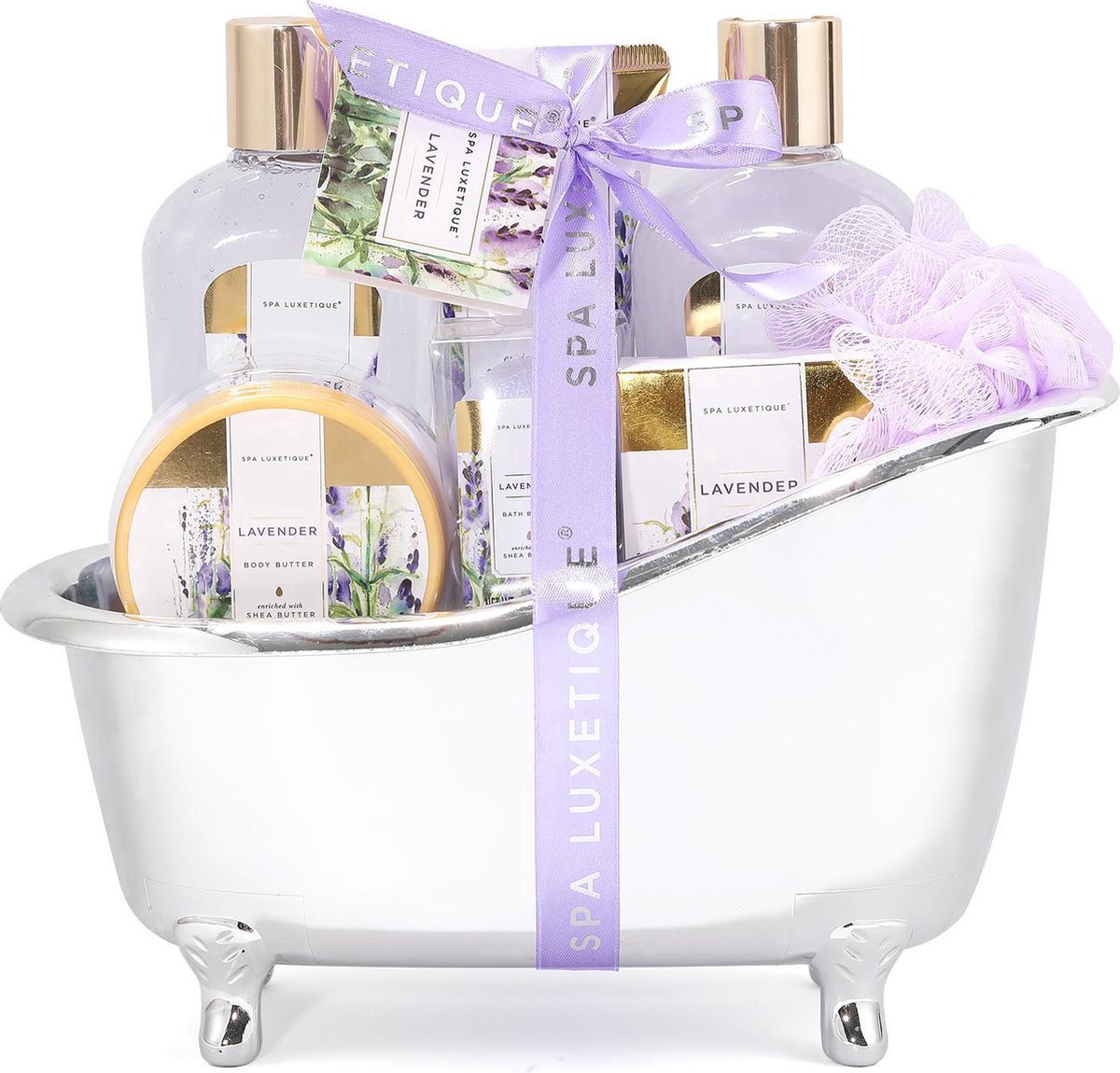 Spa Luxetique - Lavendel Sensation - Cadeaupakket Vrouwen in zilveren badkuip - Wellness bath - Verjaardag cadeau vrouw - Geschenkset voor haar, mama, vriendin, moeder, oma, zus - Giftset Dames - Verwenpakket Cadeautje voor haar