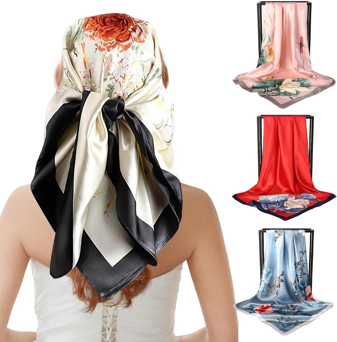 Women's scarf, 3 x women's scarves, 90 x 90 cm silk scarf, imitation silk scarf, breathable, soft and skin-friendly - ShopVlot