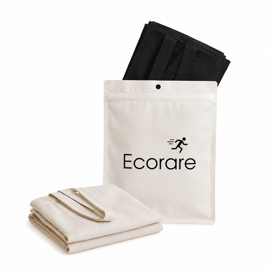 Een opgevouwen zwarte canvas shopper en een opgevouwen linnen shopper naast een Ecorare verpakking.