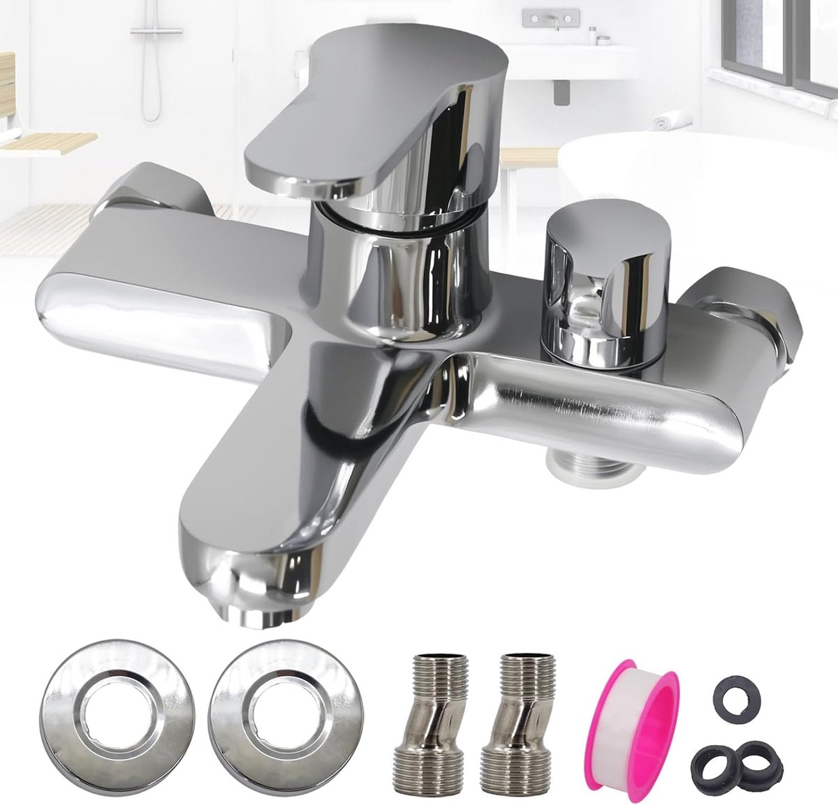 Surface Mounted Bath Tap, Wall Mounted Fixture, Single Lever Mixer Tap with 1/2 Inch Shower Spout, Chrome Surface - ShopVlot