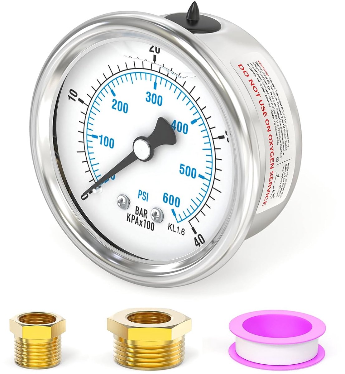 0-40 bar/0-600 psi roestvrij staal 1/8" BSP 2,5" wijzerplaat vloeistofgevulde manometer, achterste montage met 3/8" x - ShopVlot