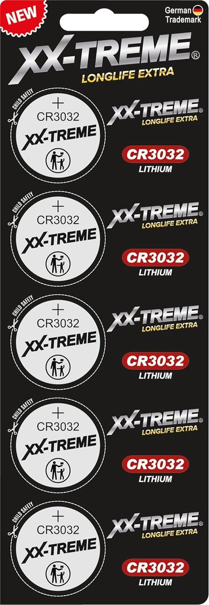Pack of 5 XX-Treme CR3032 button cell batteries, lithium, 3 V, child-safe packaging, for smart home devices, car keys - ShopVlot