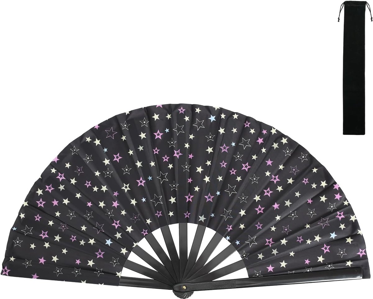 Black Fan Foldable Fan with Starry Sky Print with Storage Bag Unisex Suitable for Party, Wedding, Dance, Music - ShopVlot